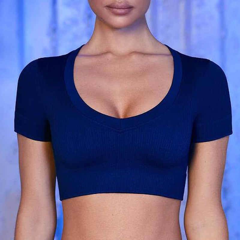 Ribbed Seamless Crop Workout Top Short or Long Sleeve - Navy Short Sleeve