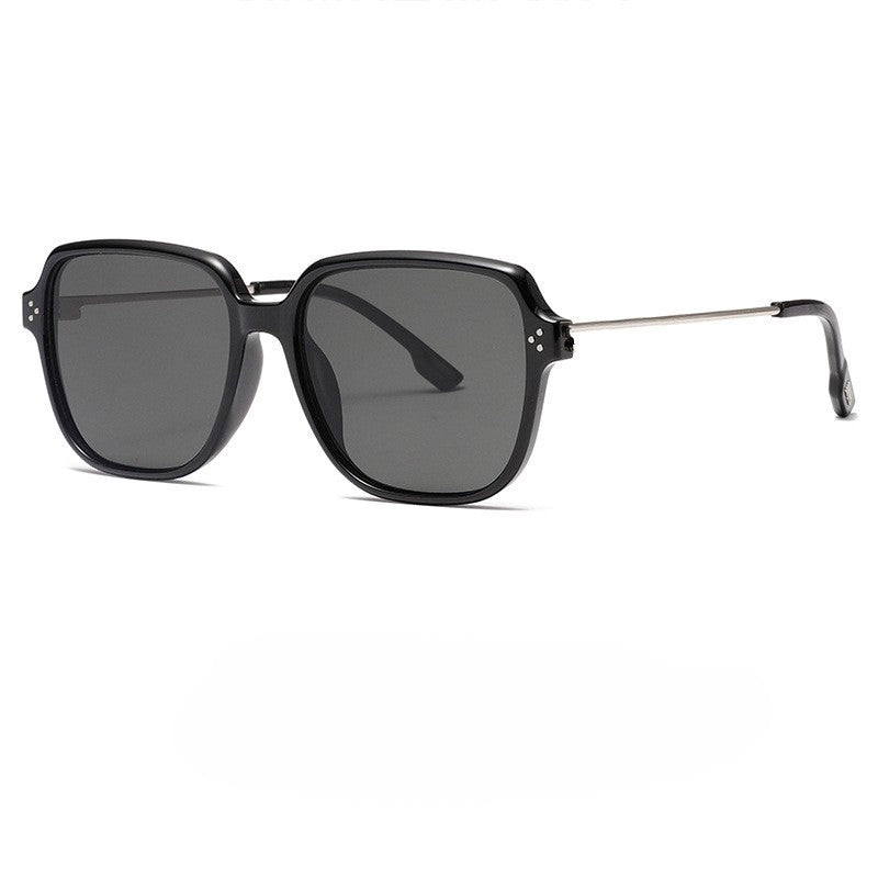 Oversized Square-Frame Slim Metal Temple Sunglasses - Black