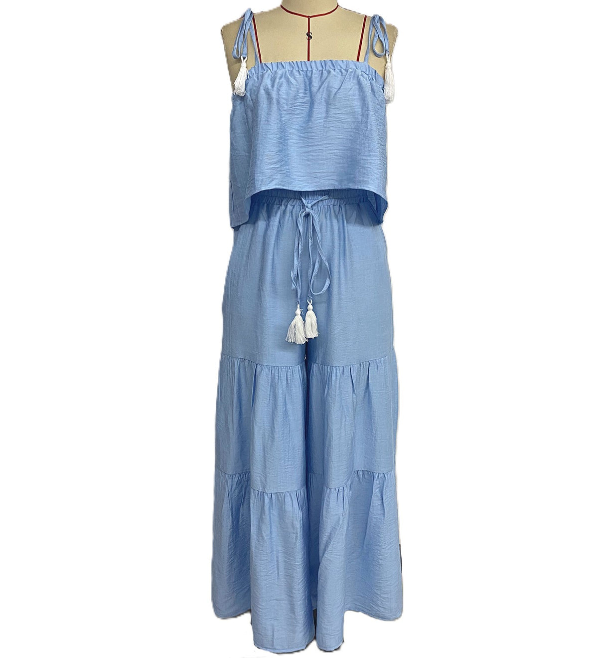Tassel Strap Tiered Wide Leg Trouser Set - Blue