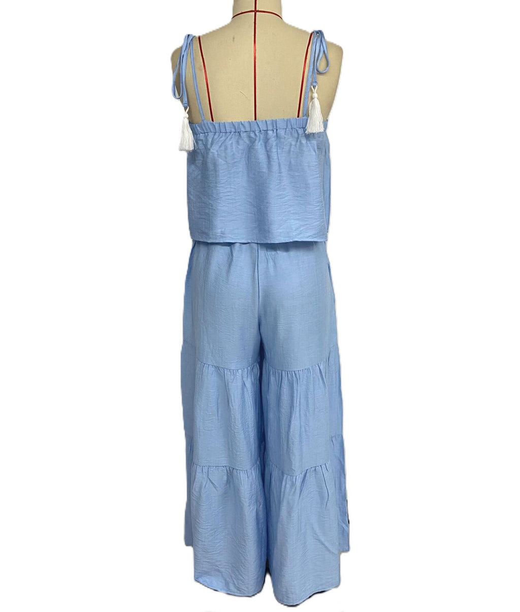 Tassel Strap Tiered Wide Leg Trouser Set - Blue - 1