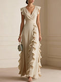 Chiffon Ruffle Wrap V Neck Maxi Dress - Champagne