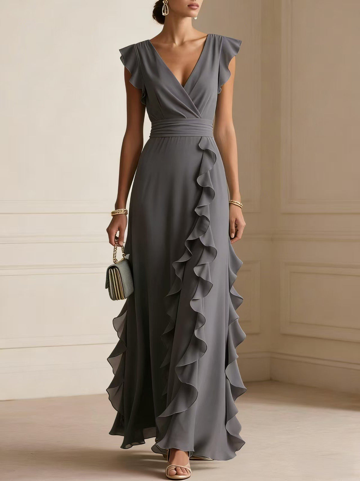 Chiffon Ruffle Wrap V Neck Maxi Dress - Graphite