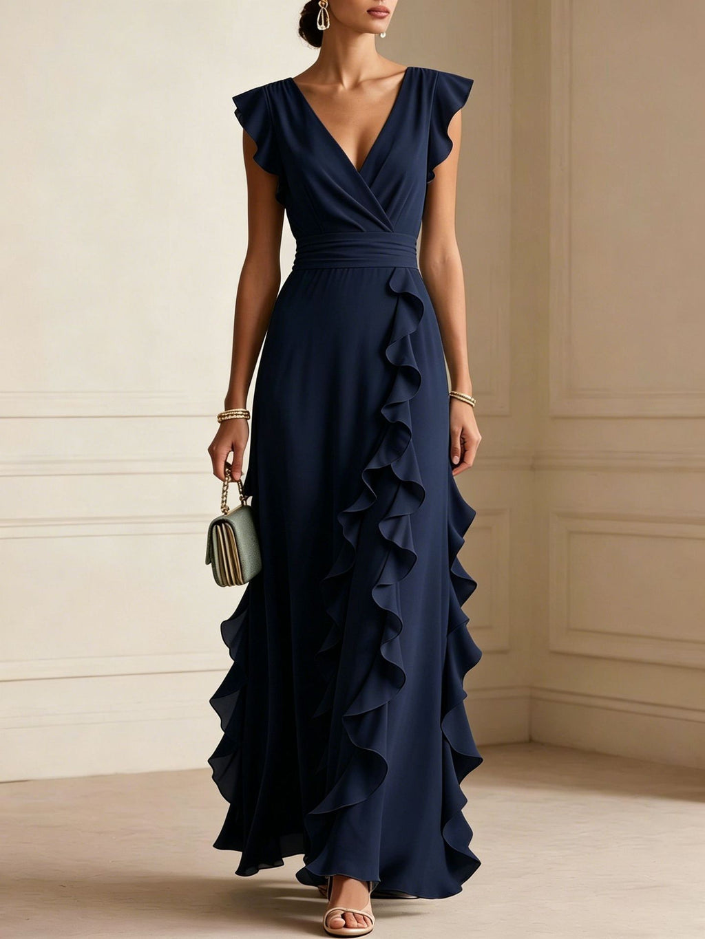 Chiffon Ruffle Wrap V Neck Maxi Dress - Navy