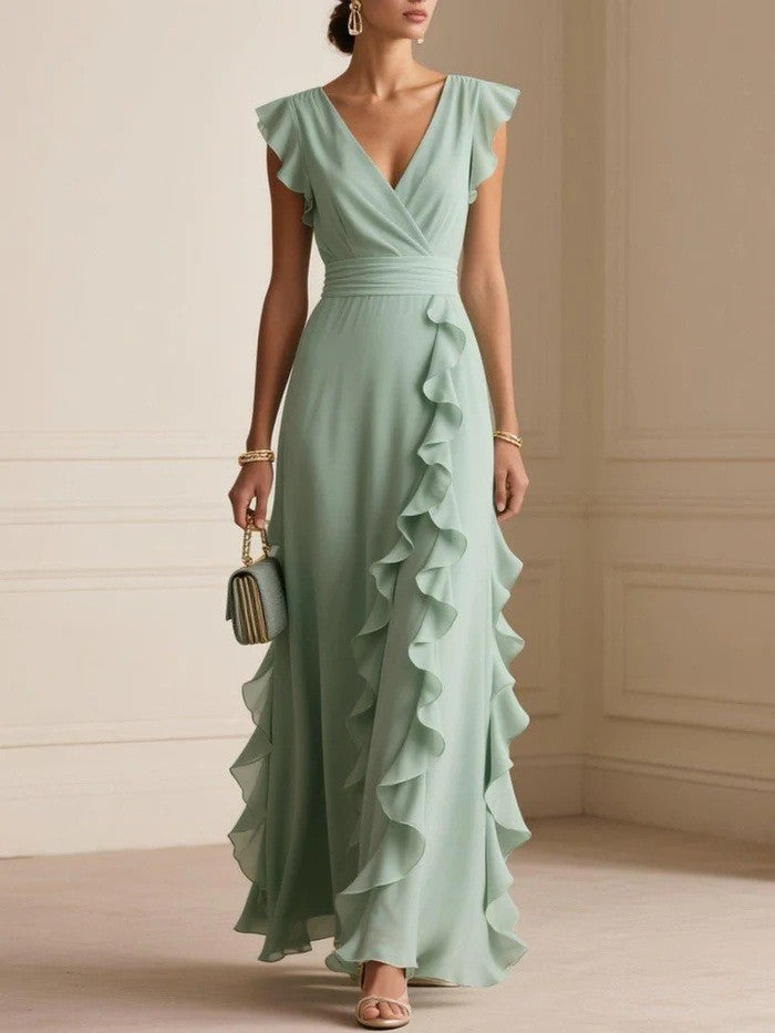 Chiffon Ruffle Wrap V Neck Maxi Dress - Sage Green