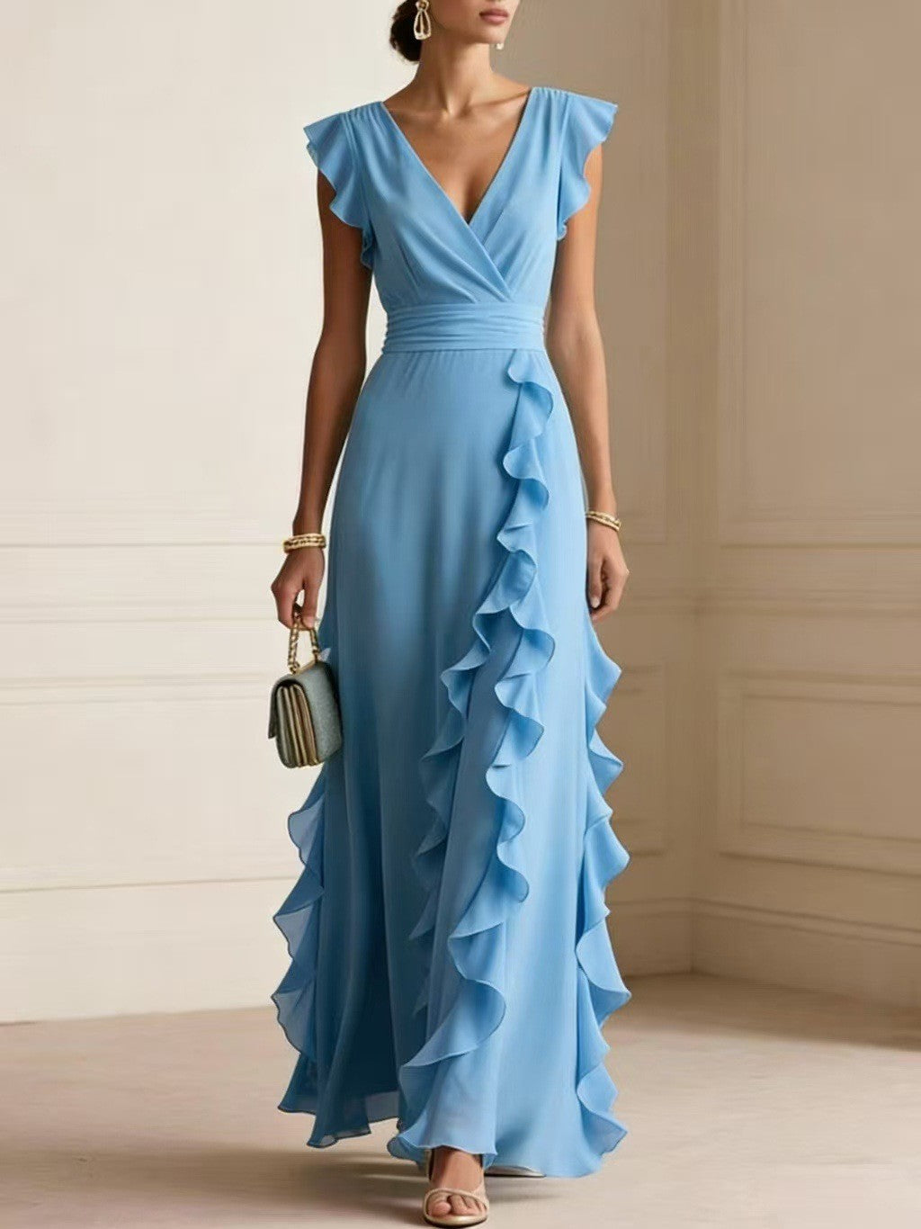 Chiffon Ruffle Wrap V Neck Maxi Dress - Sky Blue