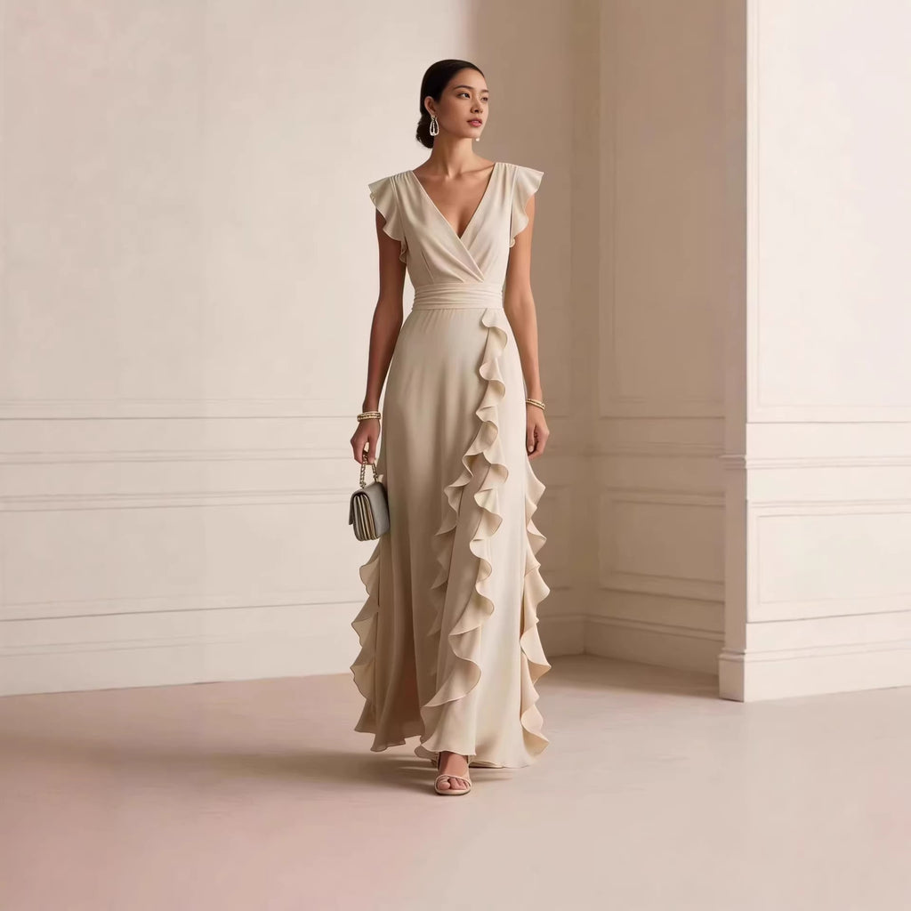 Chiffon Ruffle Wrap V Neck Maxi Dress