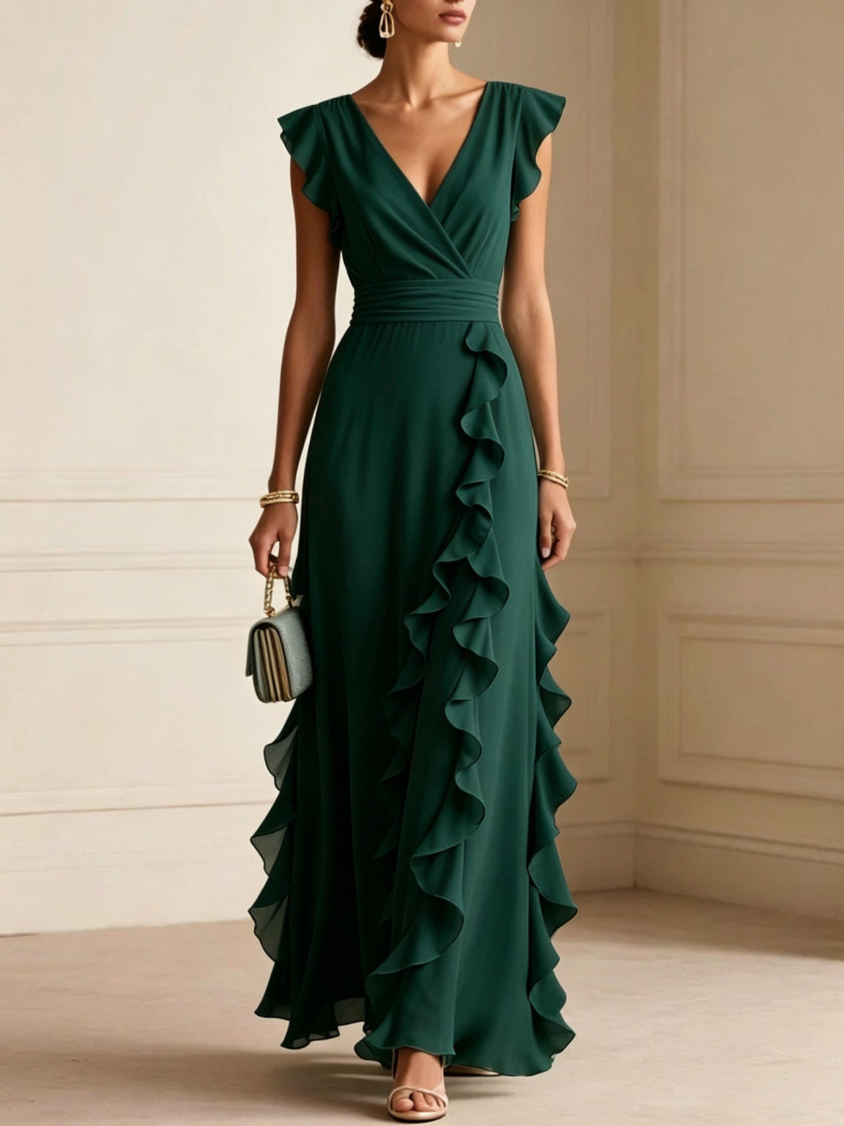 Chiffon Ruffle Wrap V Neck Maxi Dress
