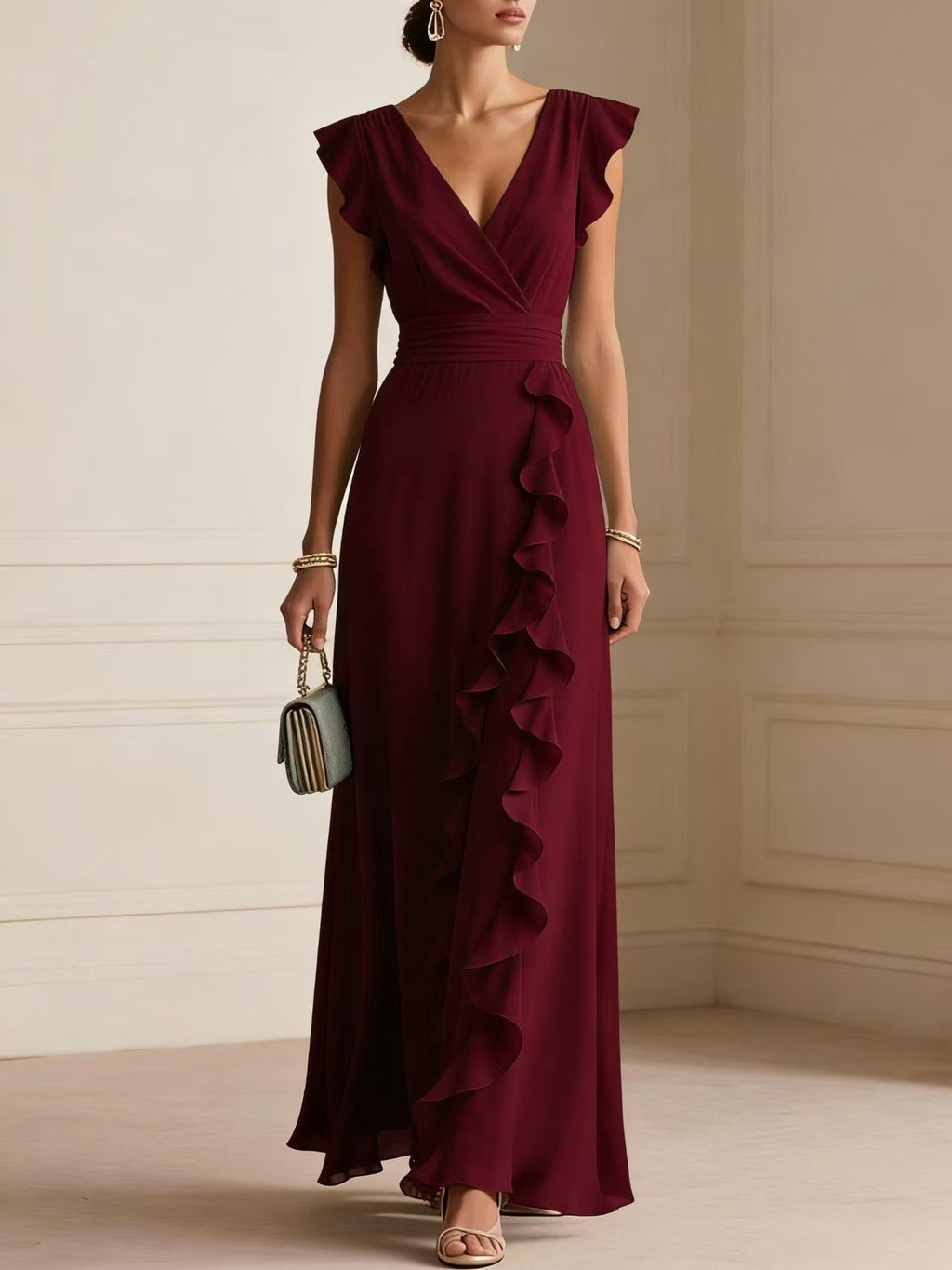 Chiffon Ruffle Wrap V Neck Maxi Dress