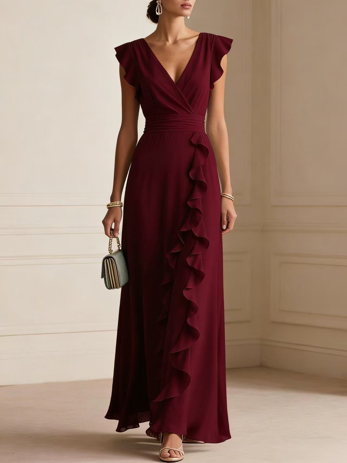 Chiffon Ruffle Wrap V Neck Maxi Dress