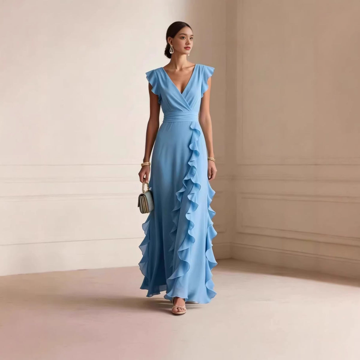 Chiffon Ruffle Wrap V Neck Maxi Dress