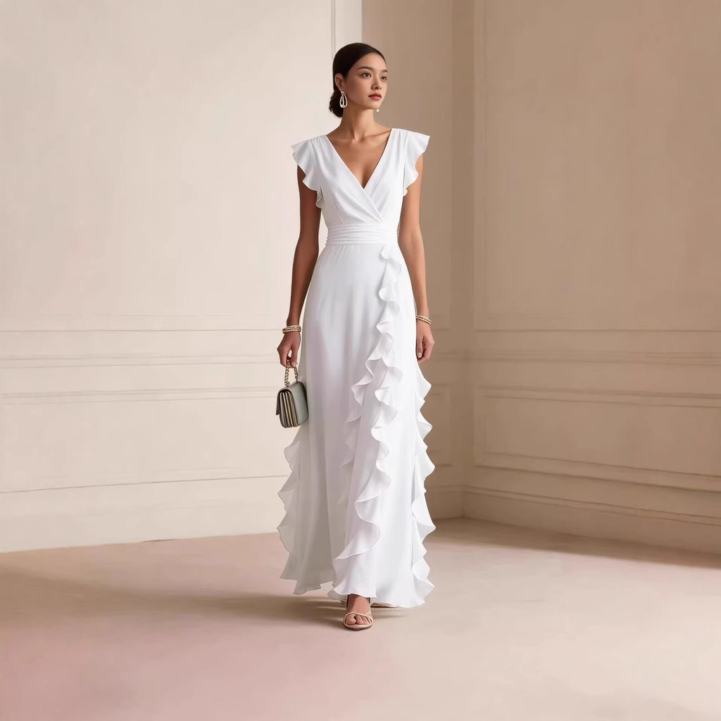 Chiffon Ruffle Wrap V Neck Maxi Dress