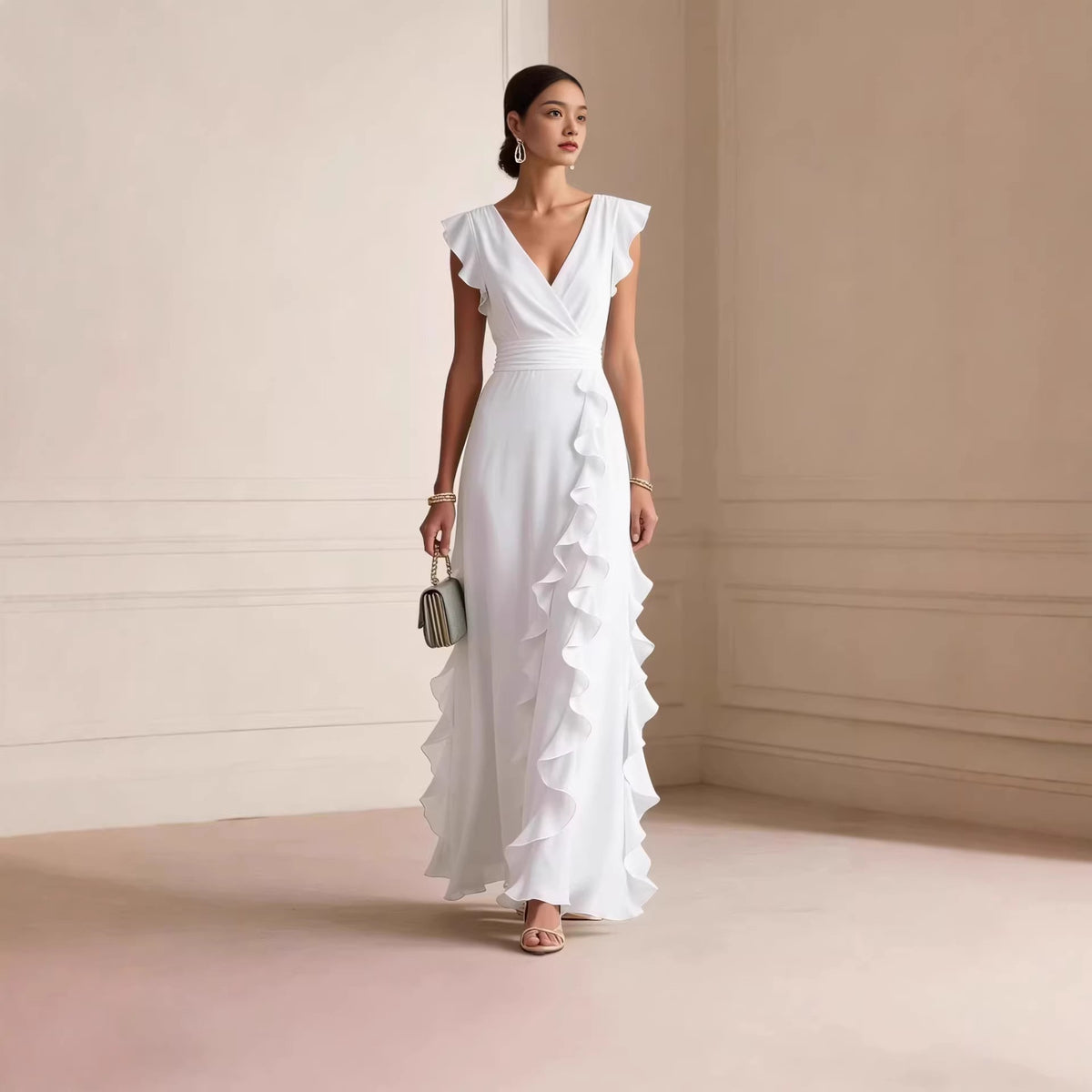 Chiffon Ruffle Wrap V Neck Maxi Dress