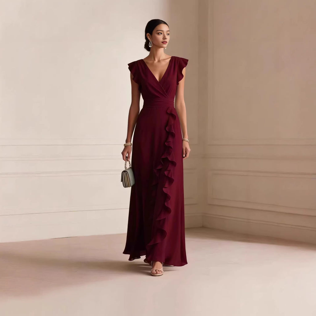 Chiffon Ruffle Wrap V Neck Maxi Dress