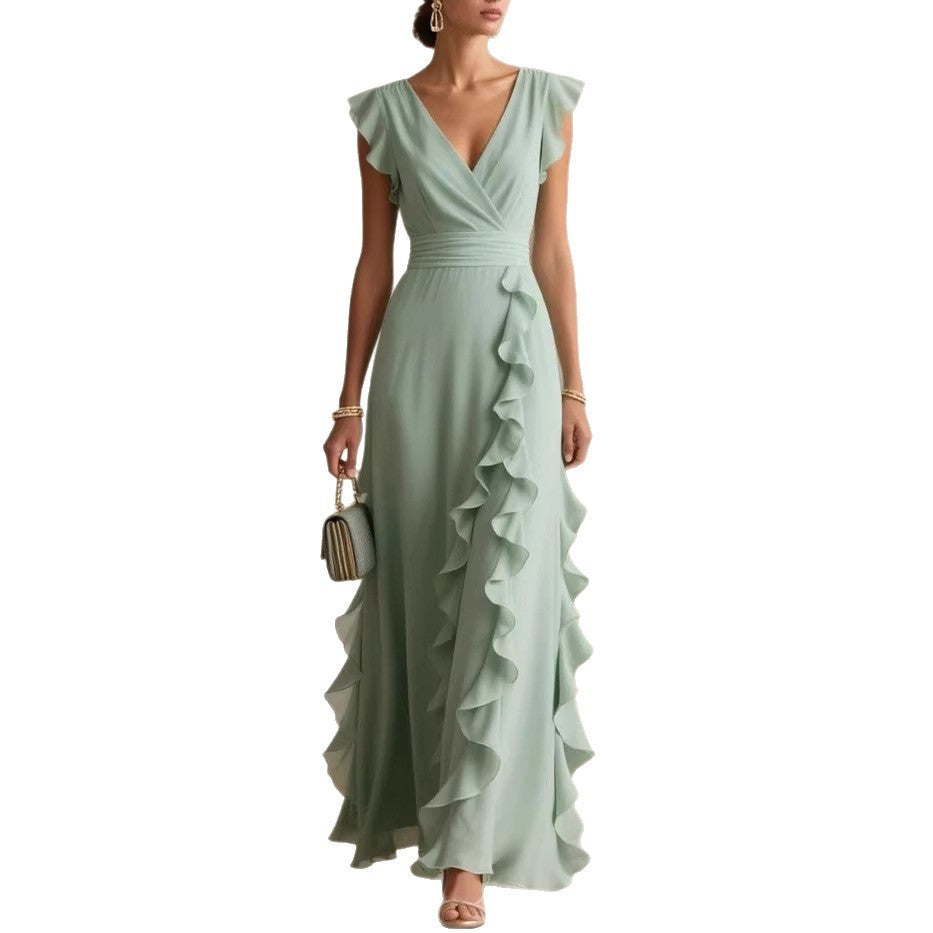 Chiffon Ruffle Wrap V Neck Maxi Dress
