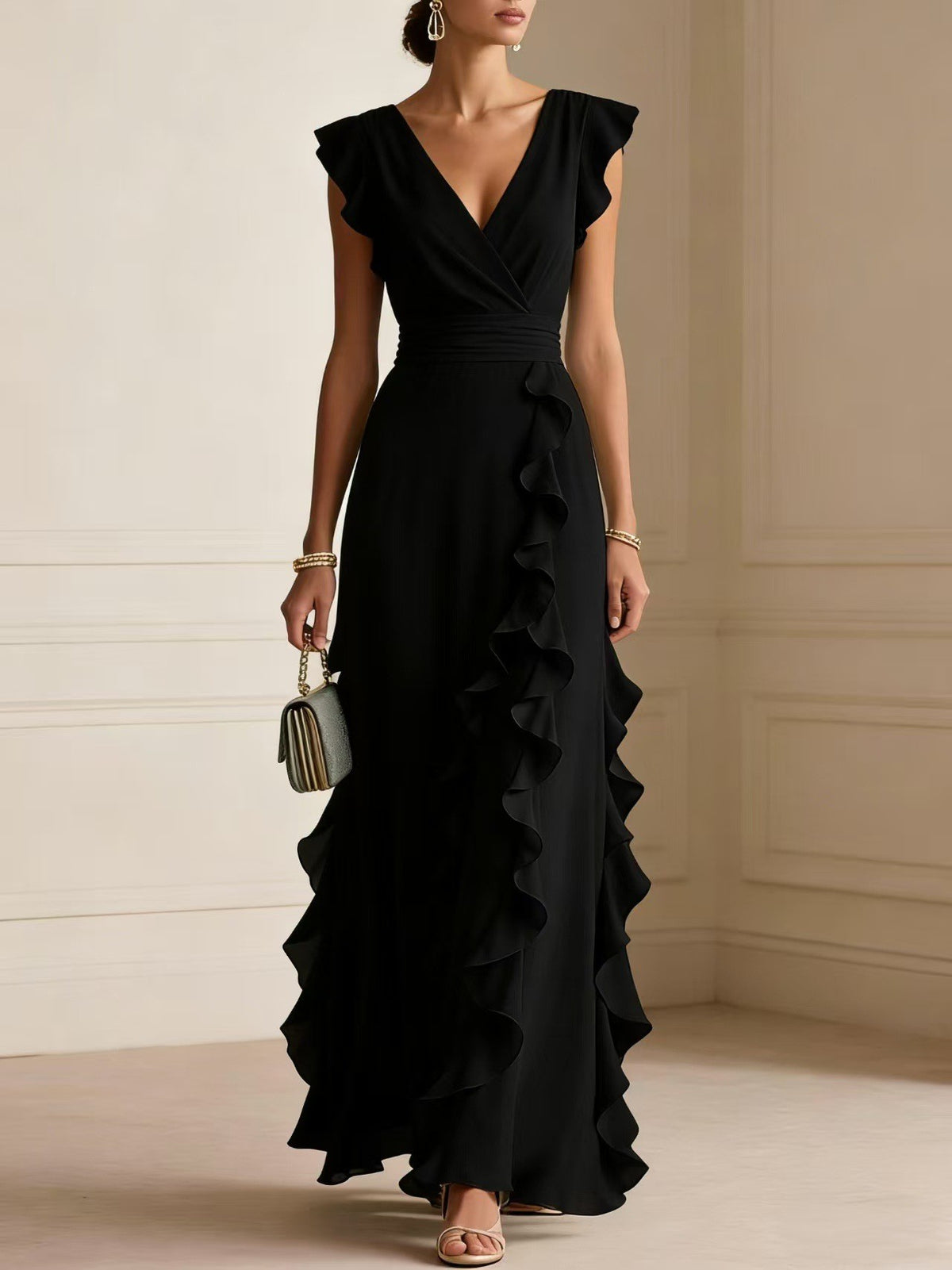 Chiffon Ruffle Wrap V Neck Maxi Dress