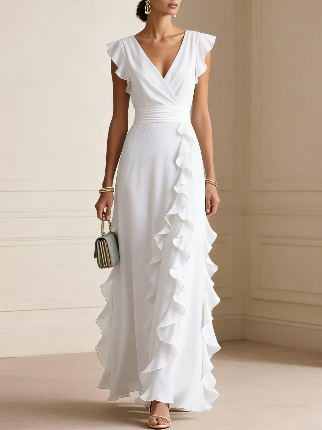 Chiffon Ruffle Wrap V Neck Maxi Dress