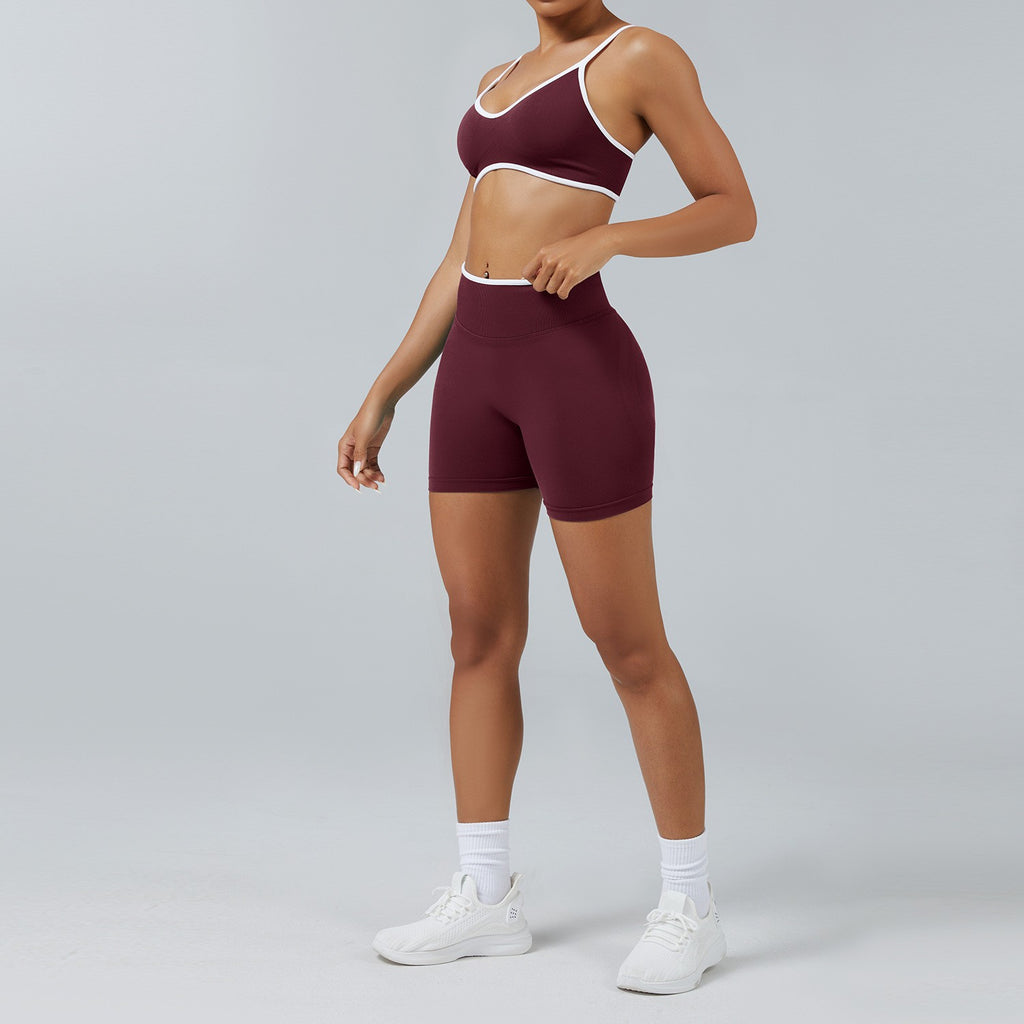 Contrast Trim Seamless Bra and Bike Shorts Workout Set - Chestnut