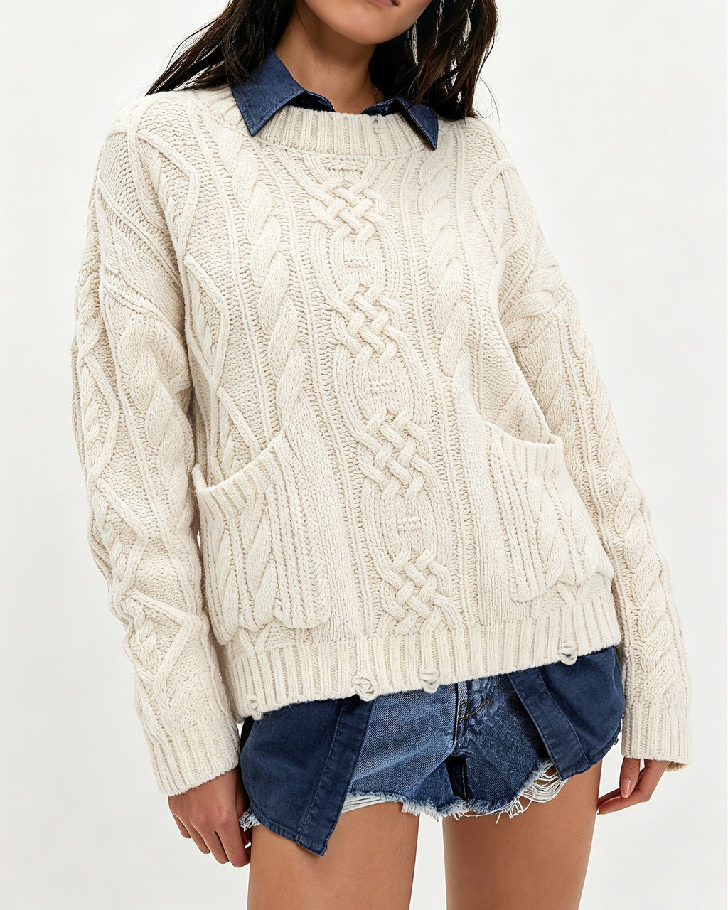 Chunky Cable Knit Sweater With Patch Pockets - Apricot