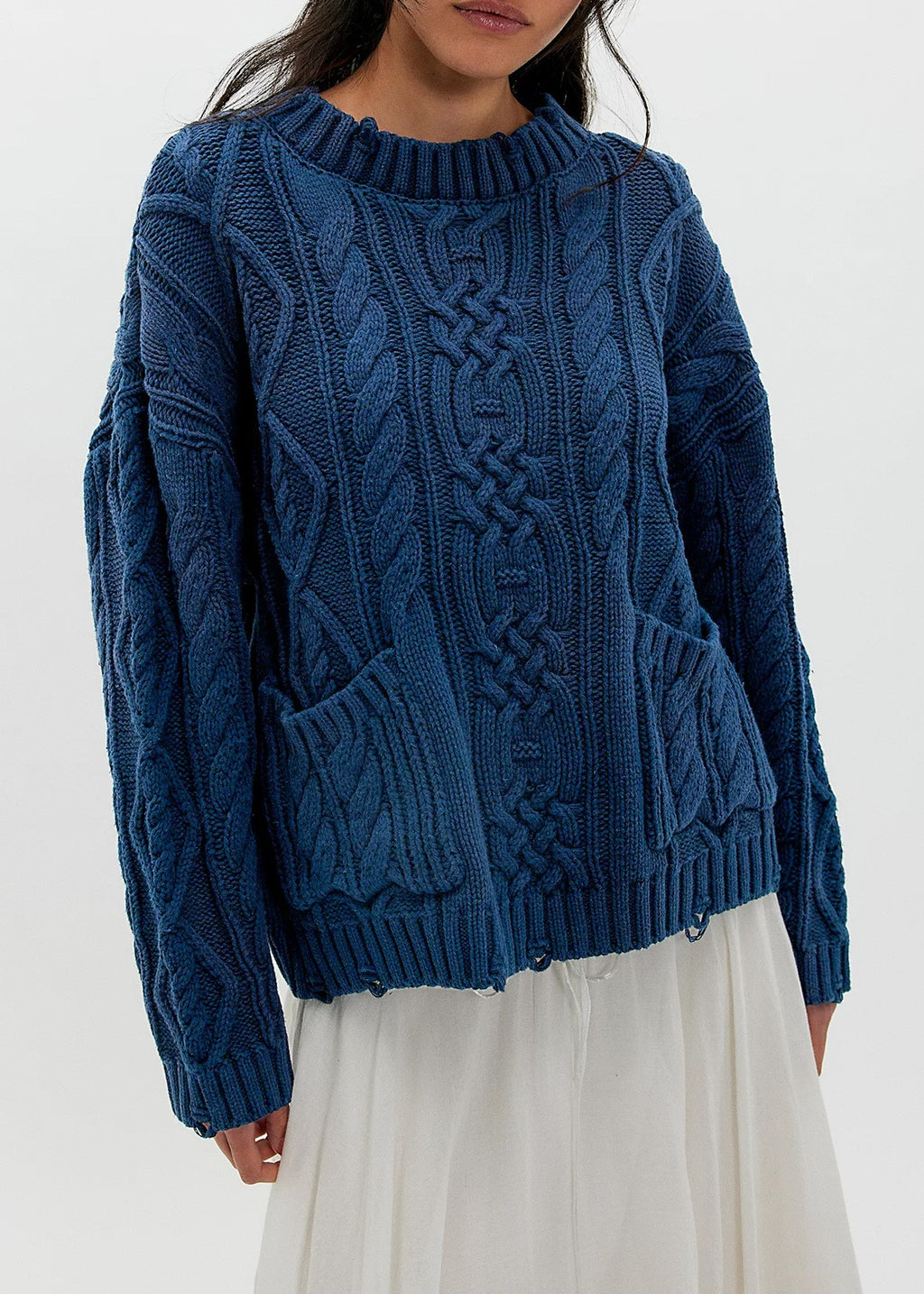 Chunky Cable Knit Sweater With Patch Pockets - Blue
