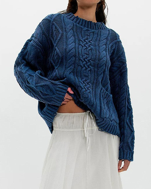 Chunky Cable Knit Sweater With Patch Pockets - Blue - 1