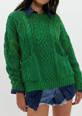 Chunky Cable Knit Sweater With Patch Pockets - Green
