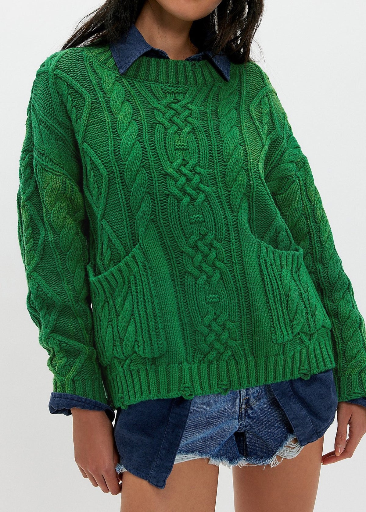 Chunky Cable Knit Sweater With Patch Pockets - Green