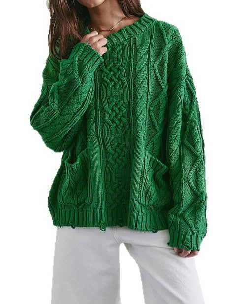 Chunky Cable Knit Sweater With Patch Pockets - Green - 1