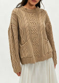 Chunky Cable Knit Sweater With Patch Pockets - Khaki