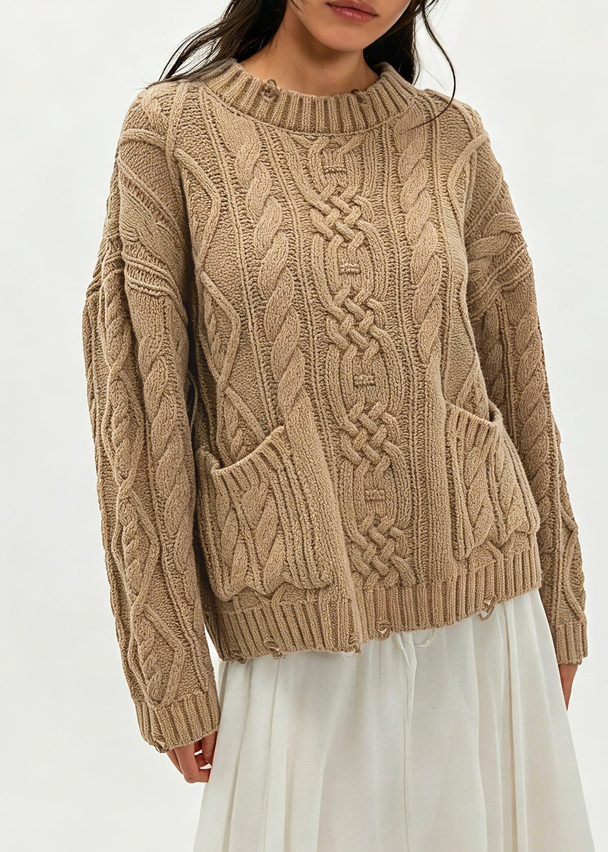 Chunky Cable Knit Sweater With Patch Pockets - Khaki