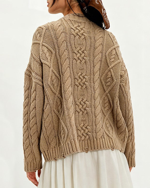 Chunky Cable Knit Sweater With Patch Pockets - Khaki - 1