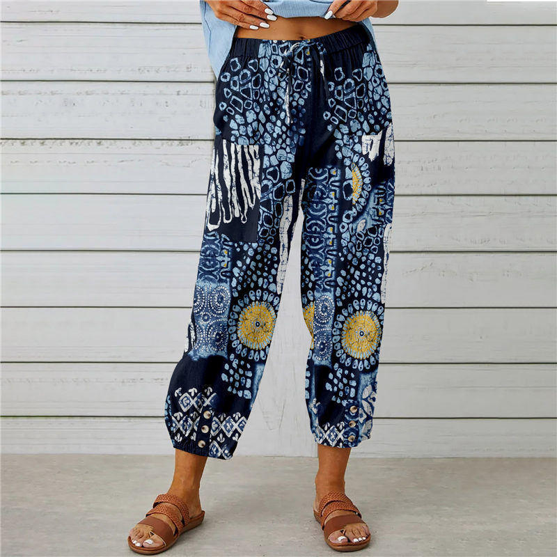 Retro Patchwork Print Cuffed Harem Pants - DarkBlue