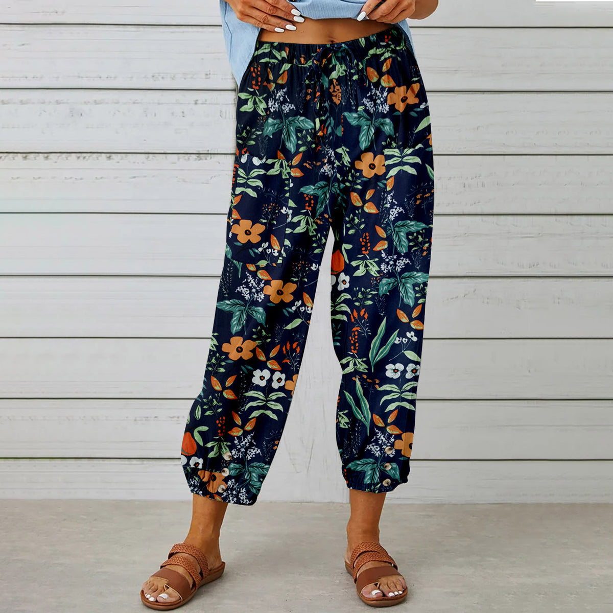 Retro Patchwork Print Cuffed Harem Pants - Orange