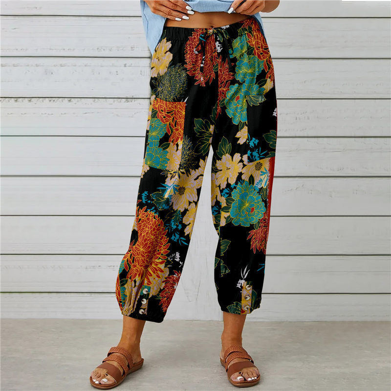 Retro Patchwork Print Cuffed Harem Pants - black