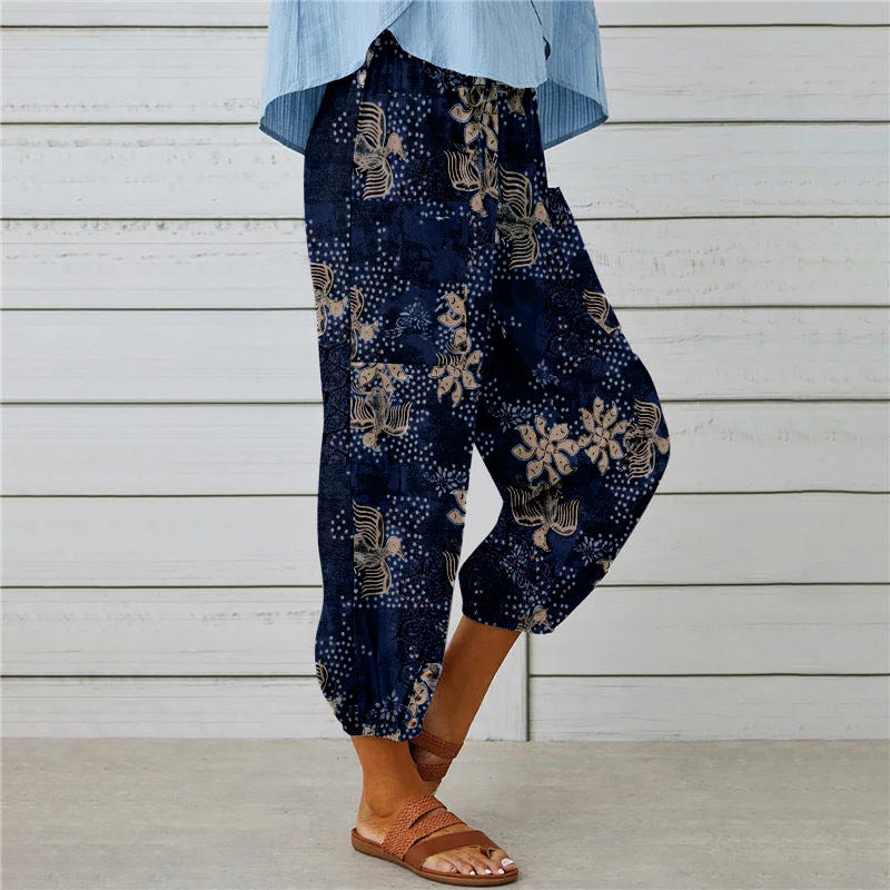 Retro Patchwork Print Cuffed Harem Pants - view 1