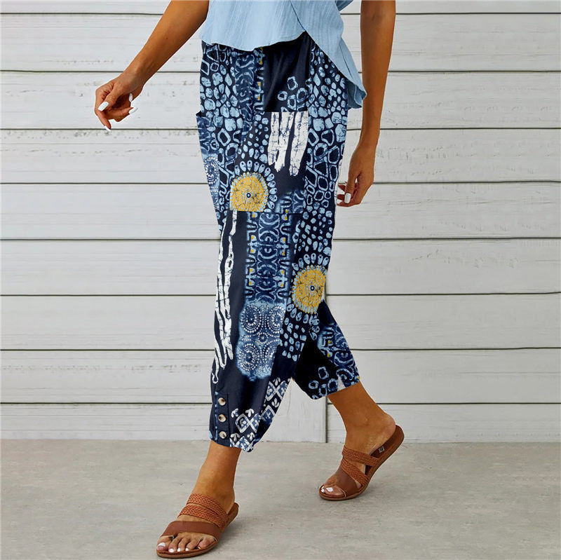 Retro Patchwork Print Cuffed Harem Pants - view 3