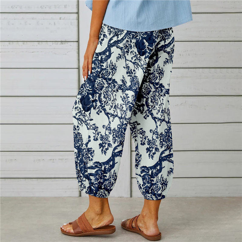 Retro Patchwork Print Cuffed Harem Pants - view 4