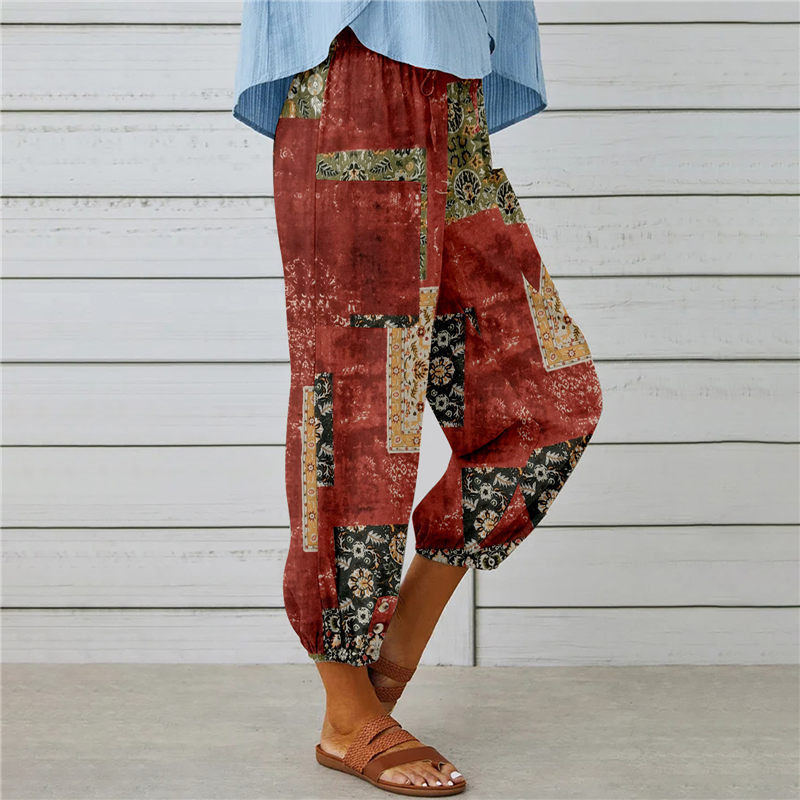 Retro Patchwork Print Cuffed Harem Pants - view 5
