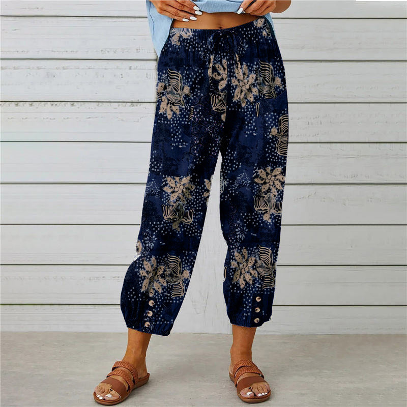 Retro Patchwork Print Cuffed Harem Pants - navy