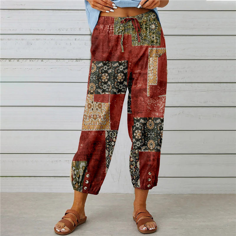 Retro Patchwork Print Cuffed Harem Pants - red