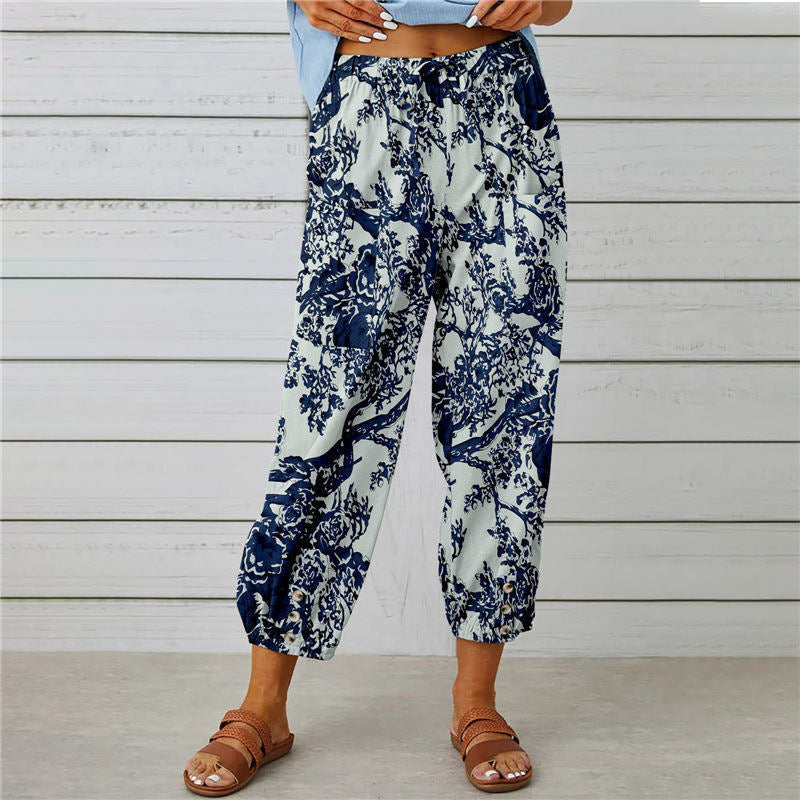 Retro Patchwork Print Cuffed Harem Pants - white