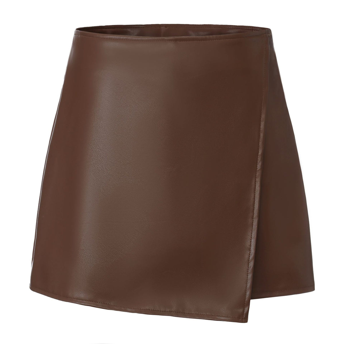 Faux Leather High Waist Wrap Mini Skort - Brown
