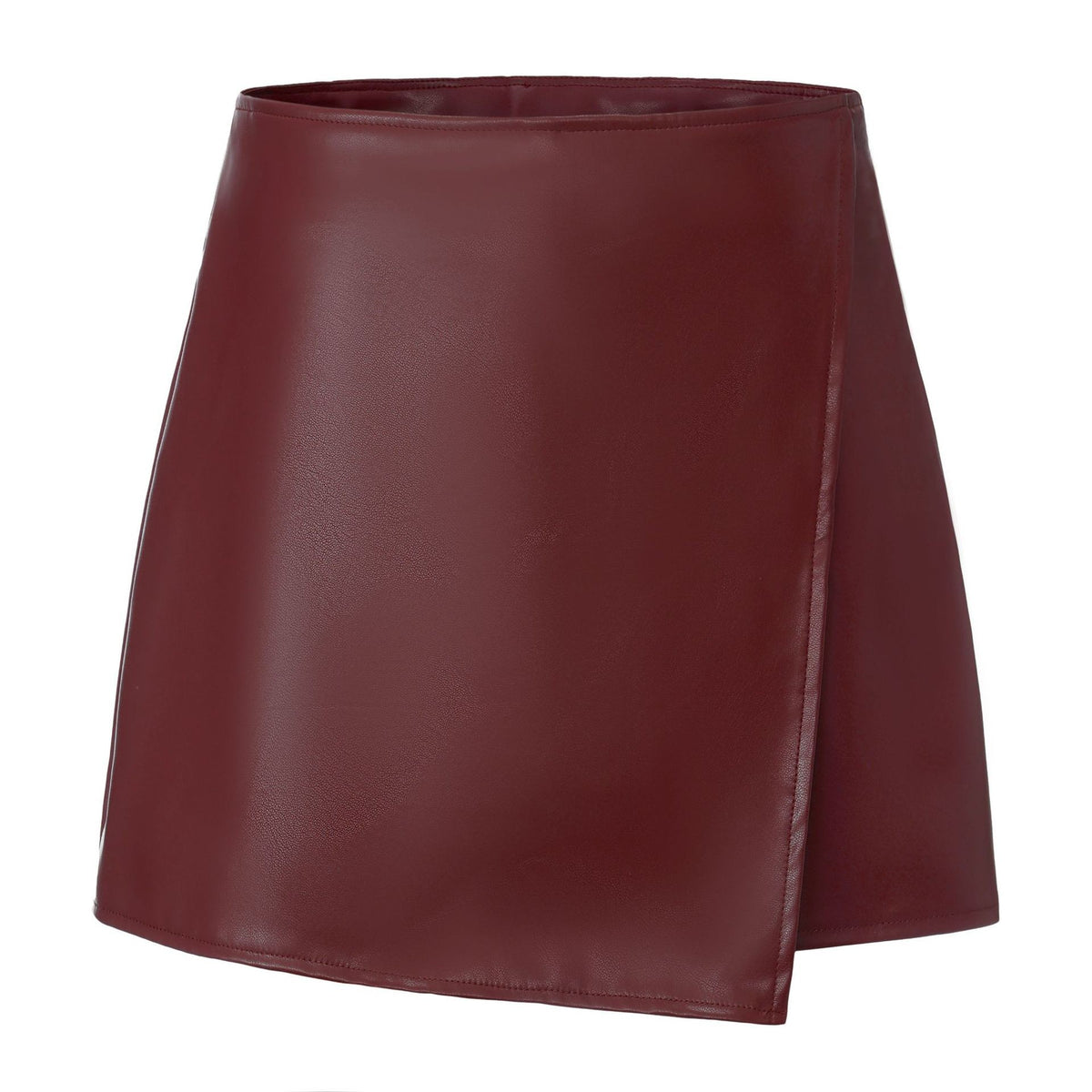 Faux Leather High Waist Wrap Mini Skort - Burgundy
