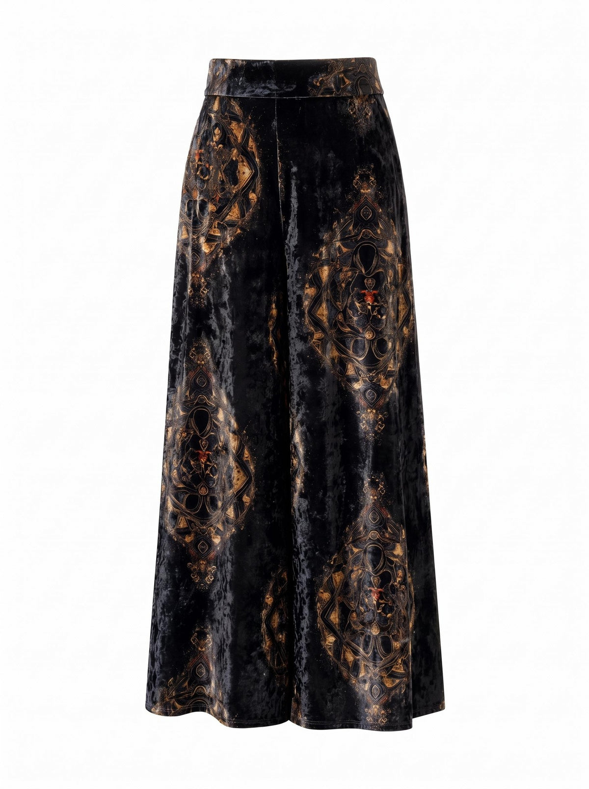 Paisley Print Crushed Velvet Wide Leg Palazzo Pants - Black