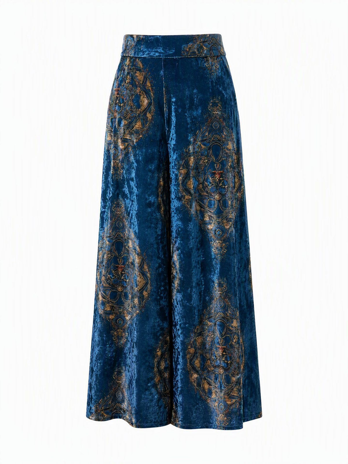 Paisley Print Crushed Velvet Wide Leg Palazzo Pants - Navy