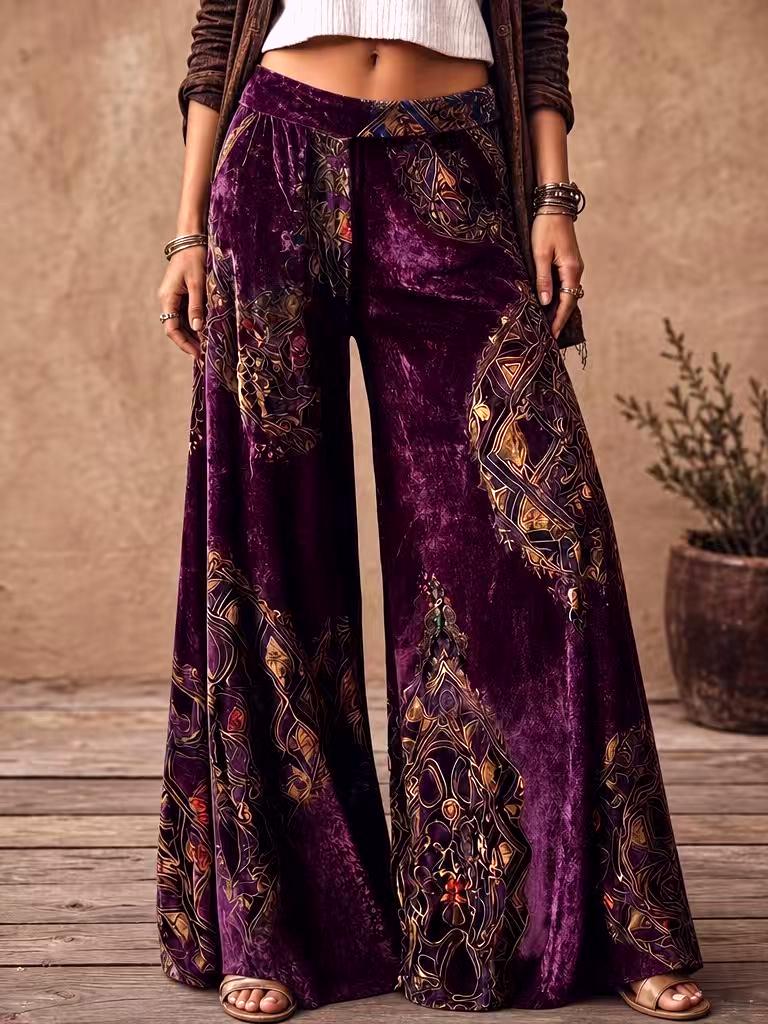 Paisley Print Crushed Velvet Wide Leg Palazzo Pants - Purple