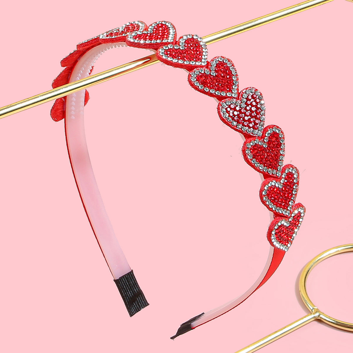 Rhinestone Heart Row Thin Headband - Red