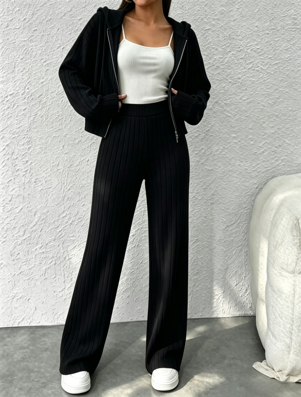 Ribbed Zip Hoodie Wide Leg Lounge Set - Black