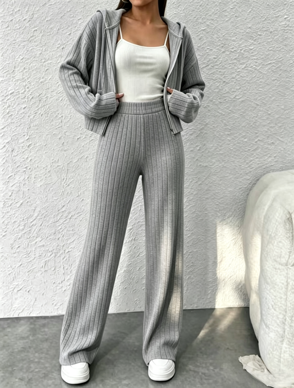Ribbed Zip Hoodie Wide Leg Lounge Set - Gray