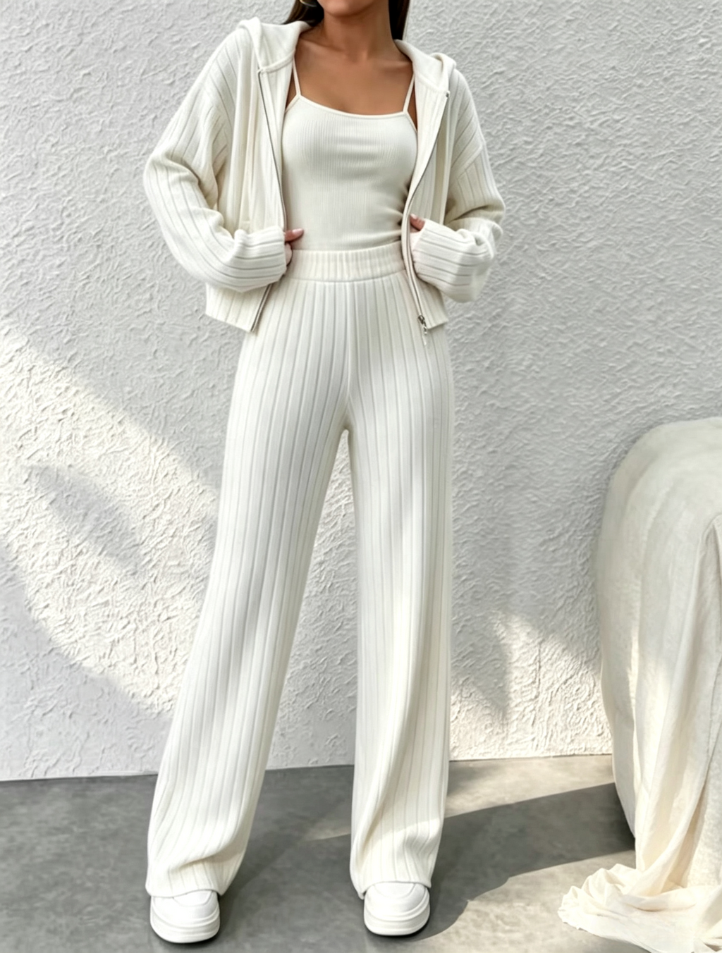 Ribbed Zip Hoodie Wide Leg Lounge Set - White