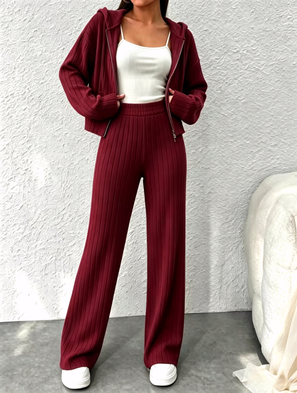 Ribbed Zip Hoodie Wide Leg Lounge Set - Wine_red
